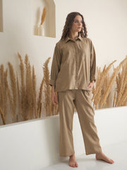 Beige Shirt Collar Pure Cotton Solid Night Suit for Women - SanskrutiHomes 