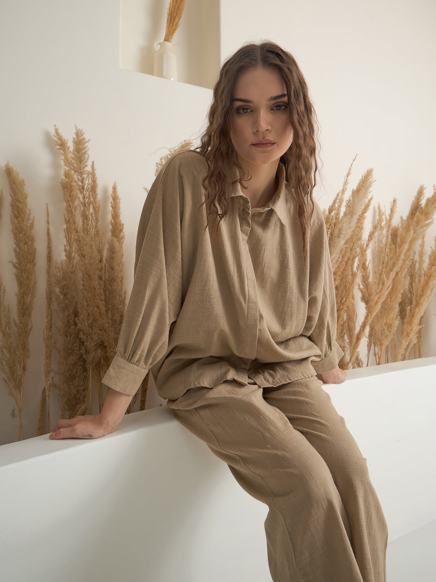 Beige Shirt Collar Pure Cotton Solid Night Suit for Women - SanskrutiHomes 