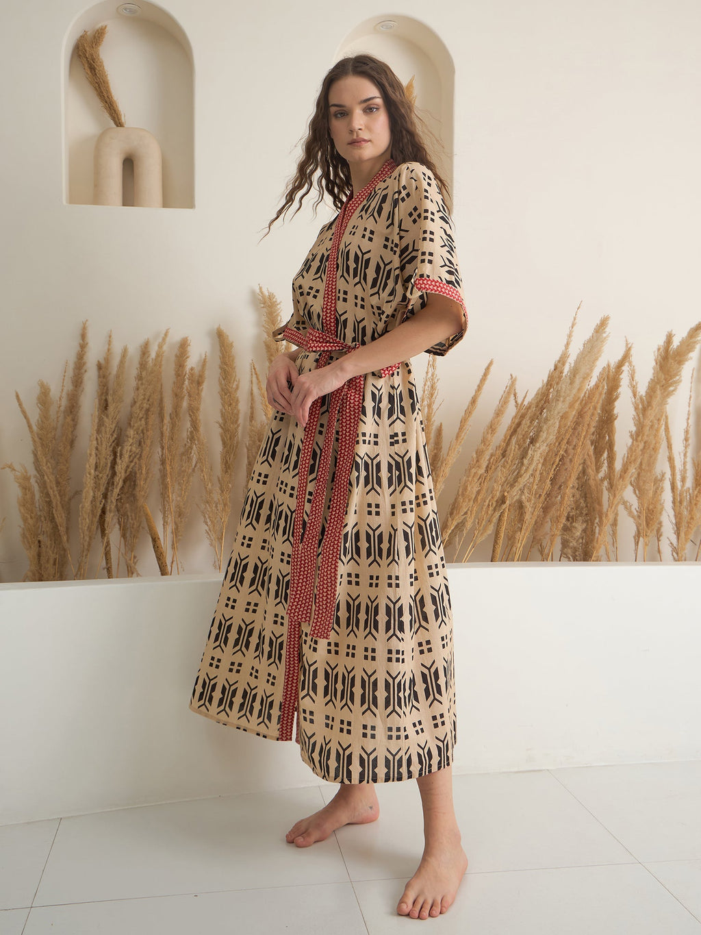 Brown Cotton Printed Bath Robe for Women - SanskrutiHomes 