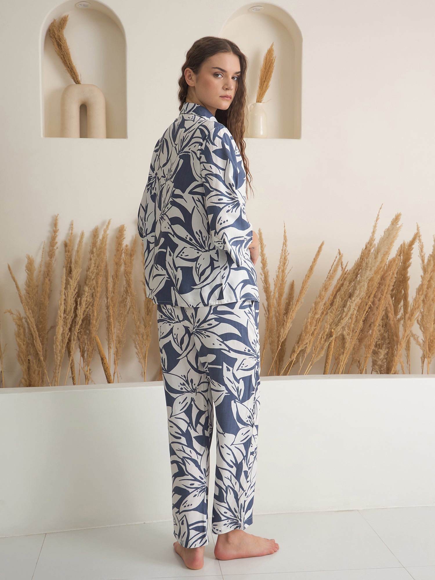 Blue Shirt Collar Viscose Rayon Printed Night Suit for Women - SanskrutiHomes 