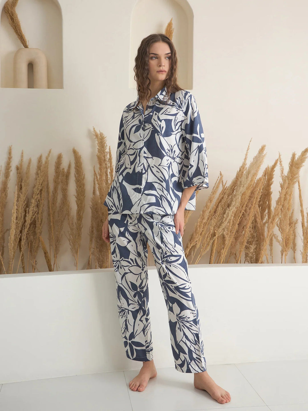 Blue Shirt Collar Viscose Rayon Printed Night Suit for Women - SanskrutiHomes 