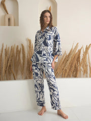 Blue Shirt Collar Viscose Rayon Printed Night Suit for Women - SanskrutiHomes 
