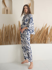 Blue Shirt Collar Viscose Rayon Printed Night Suit for Women - SanskrutiHomes 