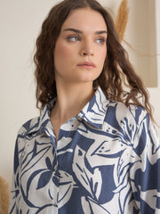 Blue Shirt Collar Viscose Rayon Printed Night Suit for Women - SanskrutiHomes 