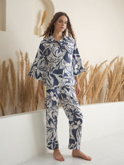 Blue Shirt Collar Viscose Rayon Printed Night Suit for Women - SanskrutiHomes 