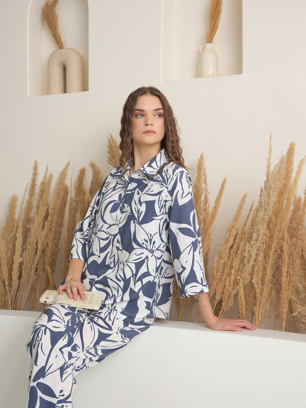 Blue Shirt Collar Viscose Rayon Printed Night Suit for Women - SanskrutiHomes 