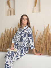 Blue Shirt Collar Viscose Rayon Printed Night Suit for Women - SanskrutiHomes 