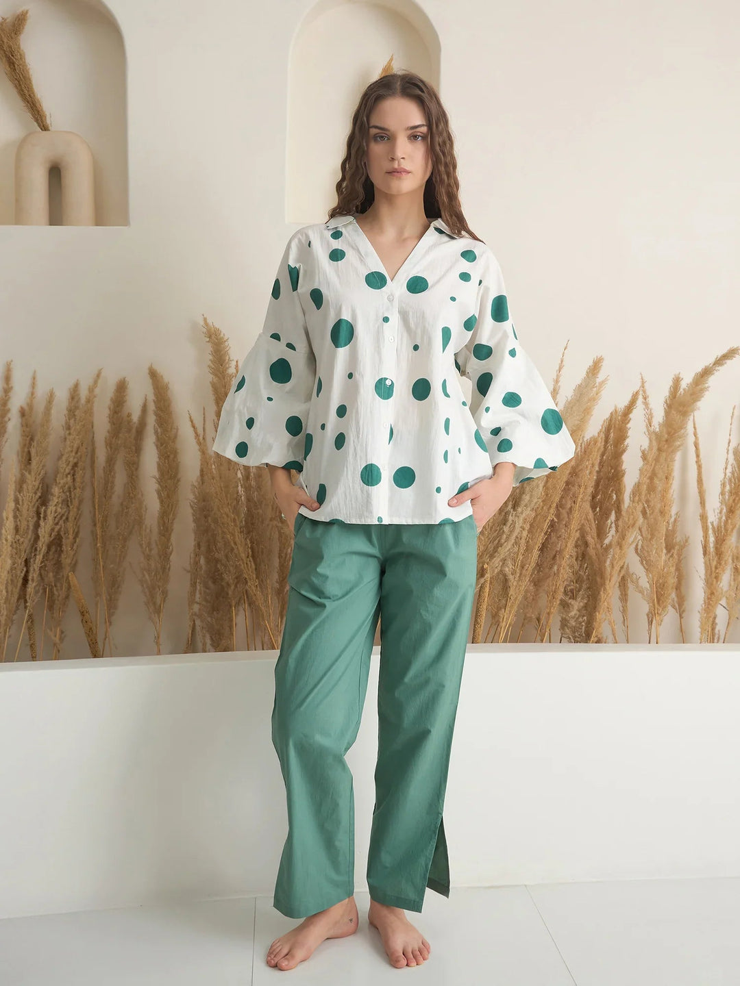 Green V-Neck Polyester Co-ords Set for Women - SanskrutiHomes 