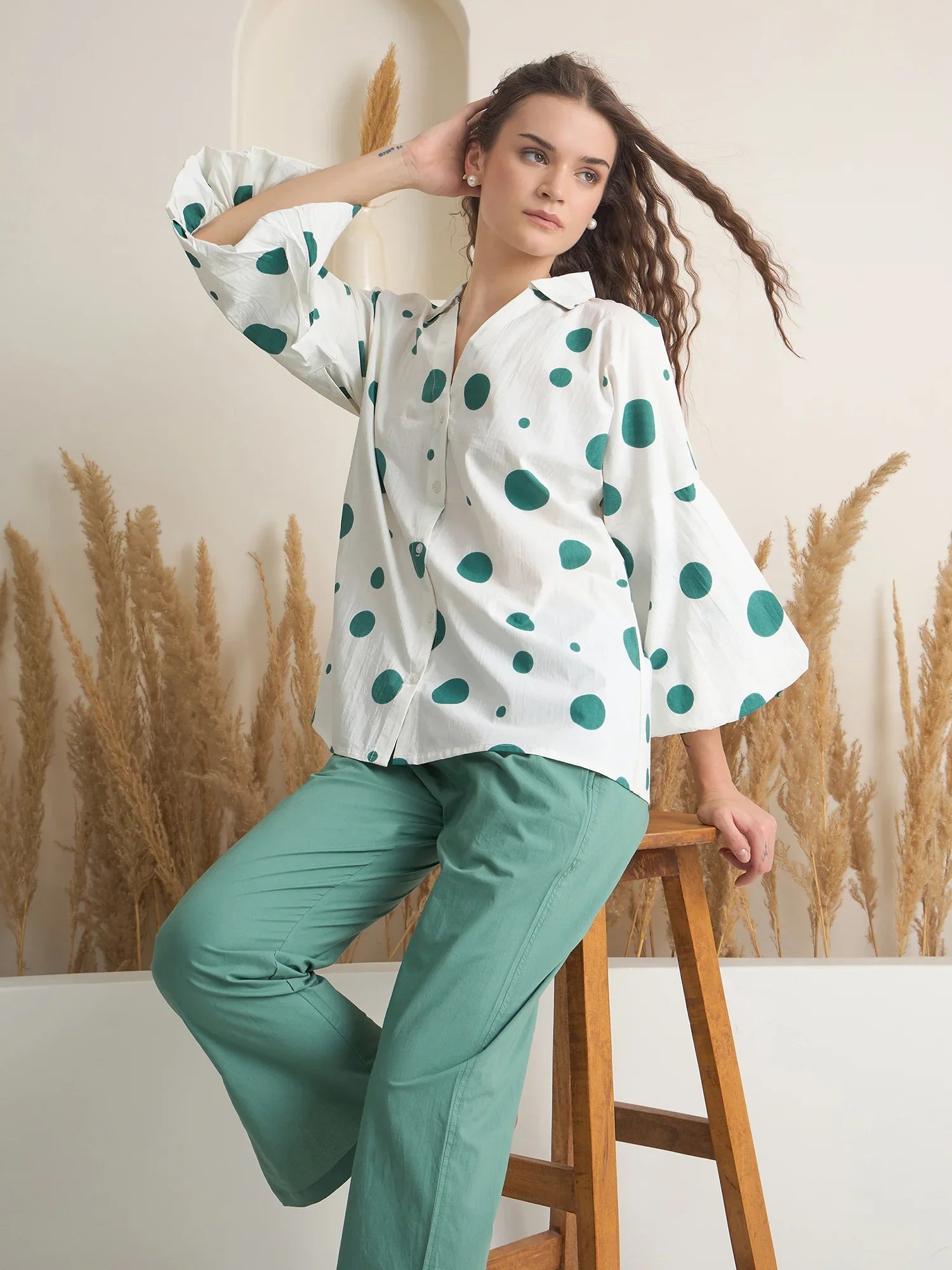 Green V-Neck Polyester Co-ords Set for Women - SanskrutiHomes 