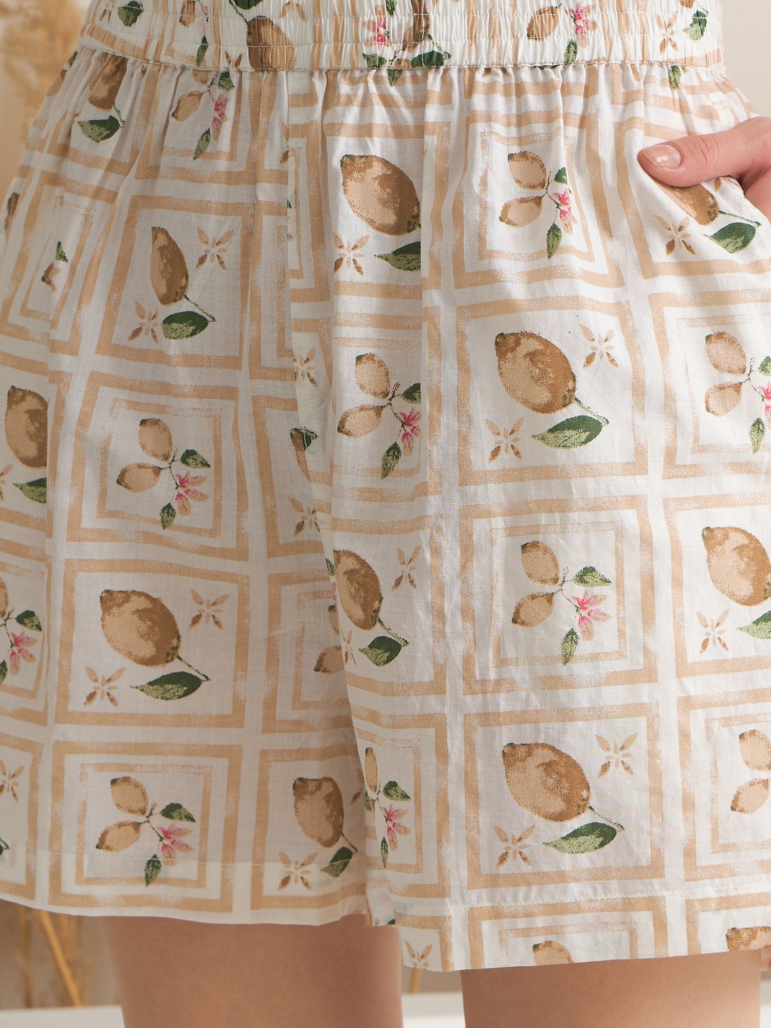 Cream Shirt Collar Pure Cotton Printed Night Suit for Women - SanskrutiHomes 