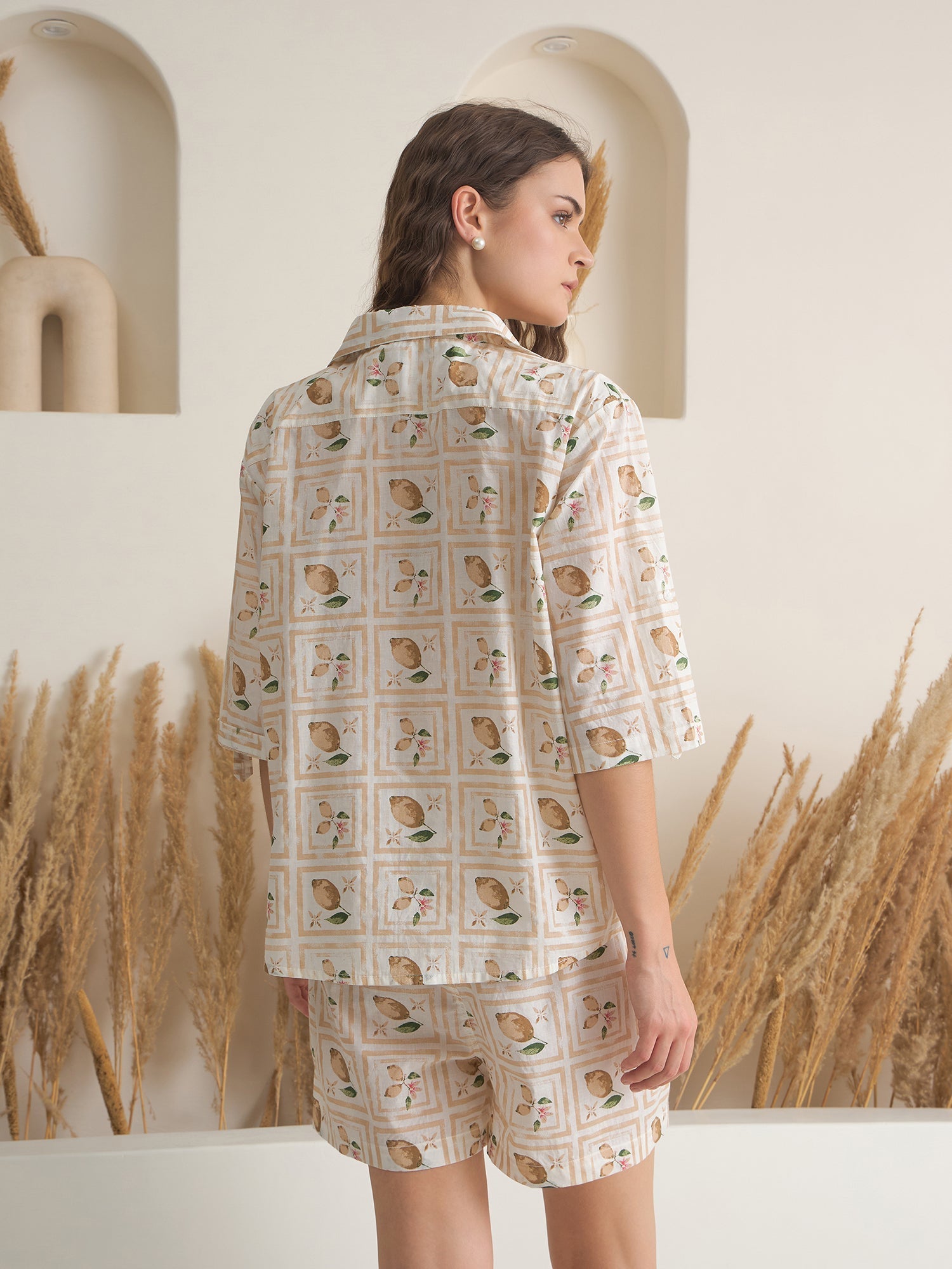 Cream Shirt Collar Pure Cotton Printed Night Suit for Women - SanskrutiHomes 