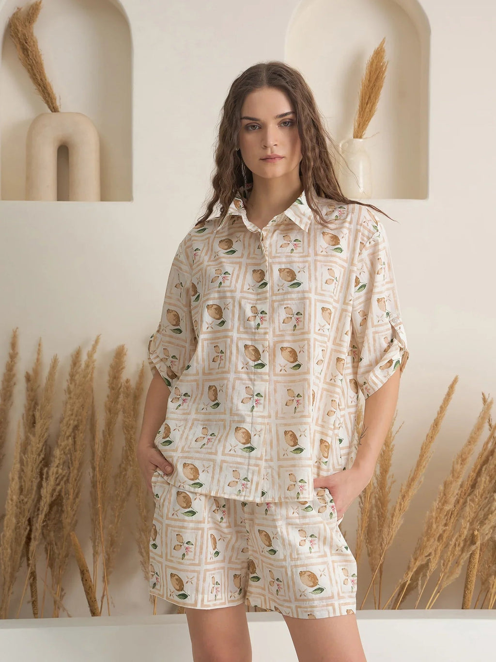 Cream Shirt Collar Pure Cotton Printed Night Suit for Women - SanskrutiHomes 
