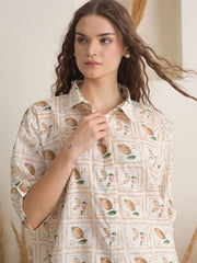Cream Shirt Collar Pure Cotton Printed Night Suit for Women - SanskrutiHomes 