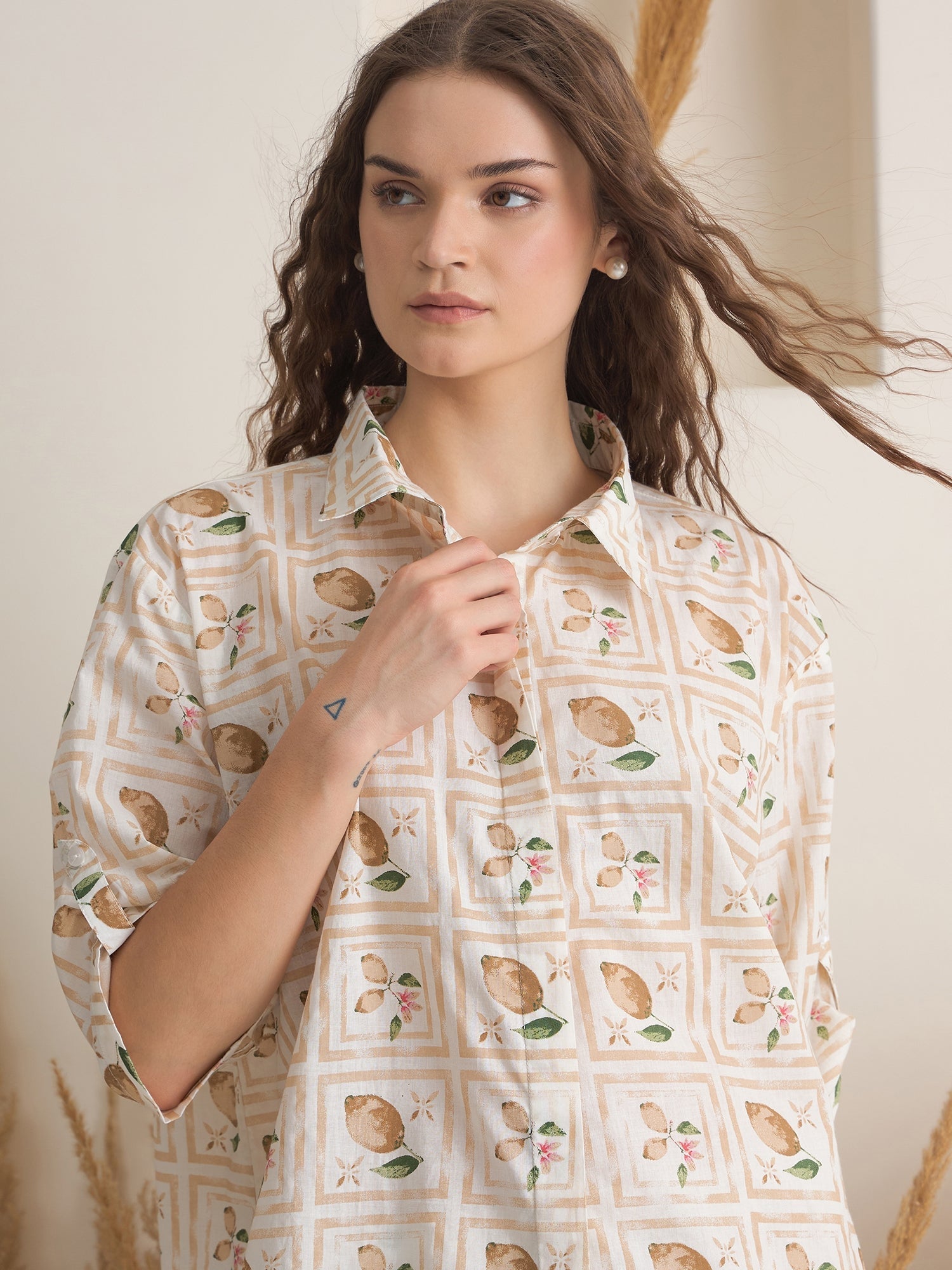 Cream Shirt Collar Pure Cotton Printed Night Suit for Women - SanskrutiHomes 