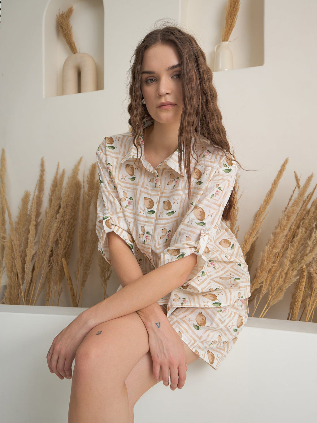 Cream Shirt Collar Pure Cotton Printed Night Suit for Women - SanskrutiHomes 