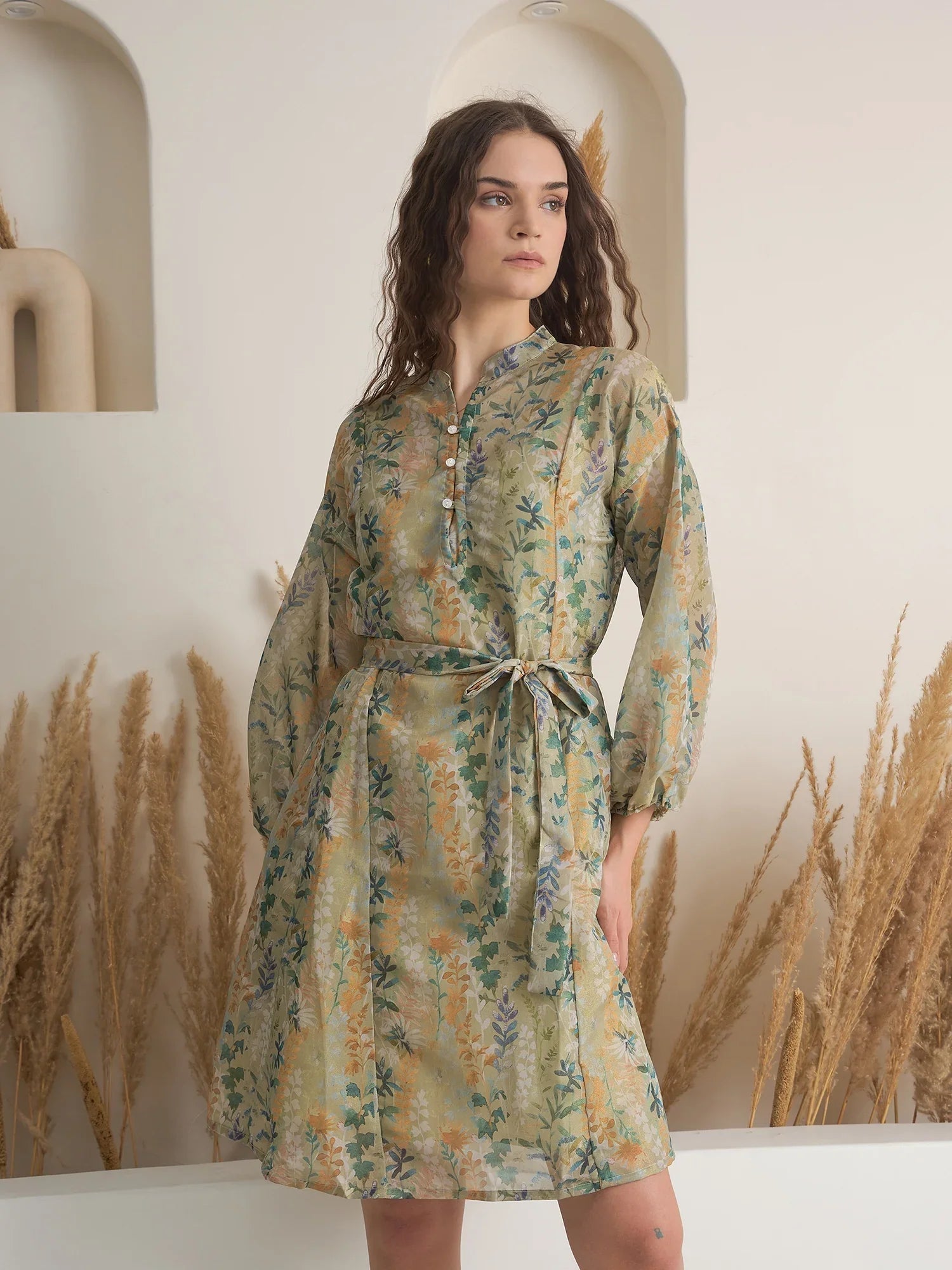 Green Floral Printed Round Neck Dress with inner - SanskrutiHomes 
