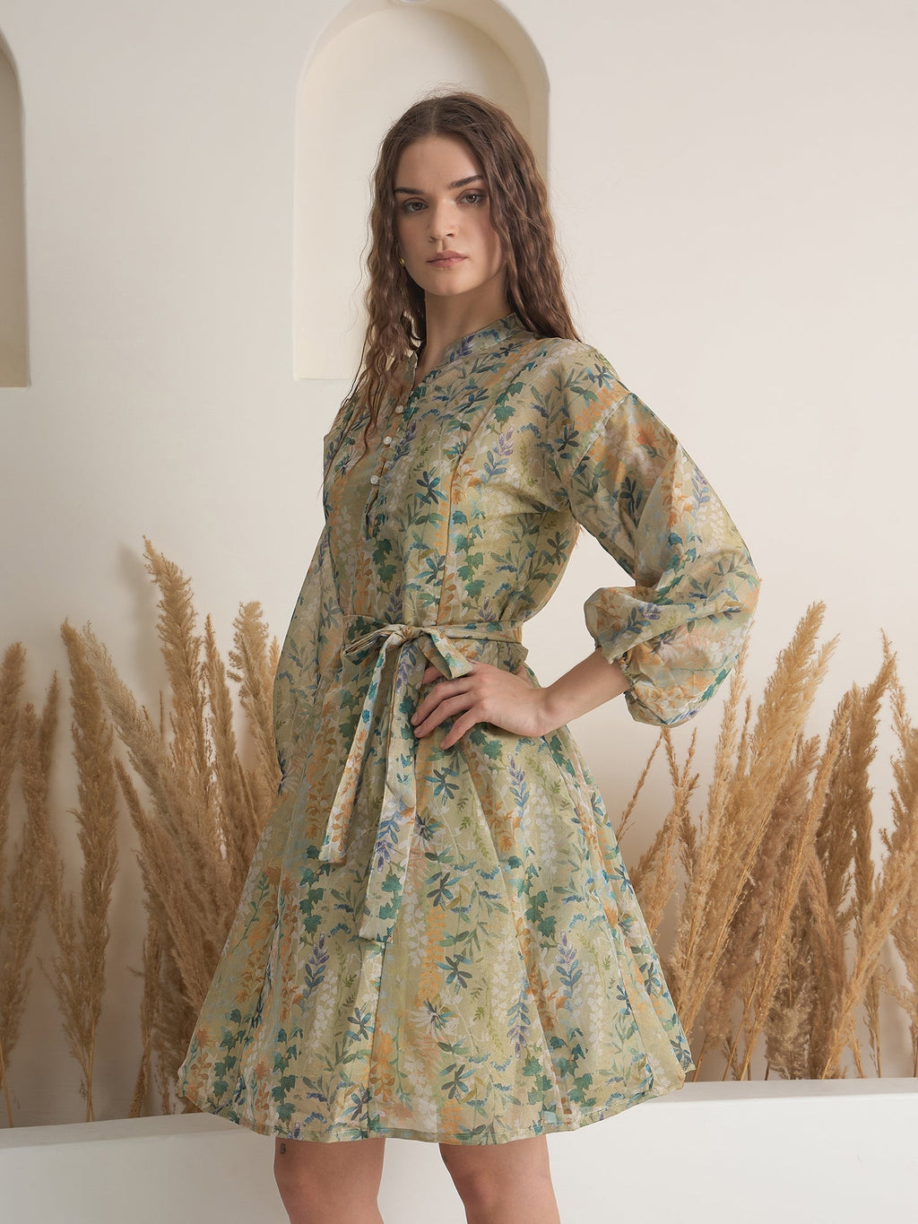 Green Floral Printed Round Neck Dress with inner - SanskrutiHomes 