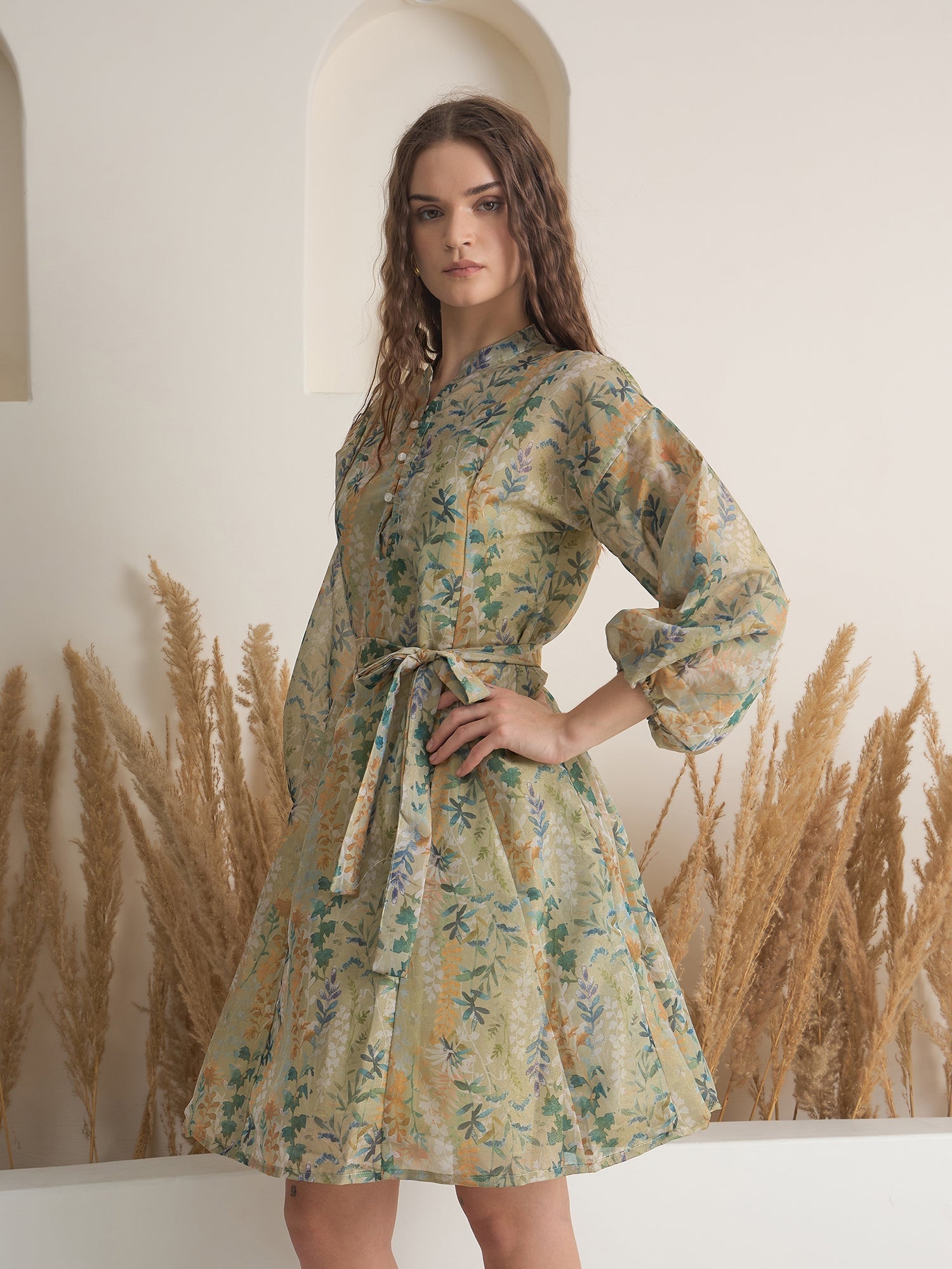 Green Floral Printed Round Neck Dress with inner - SanskrutiHomes 