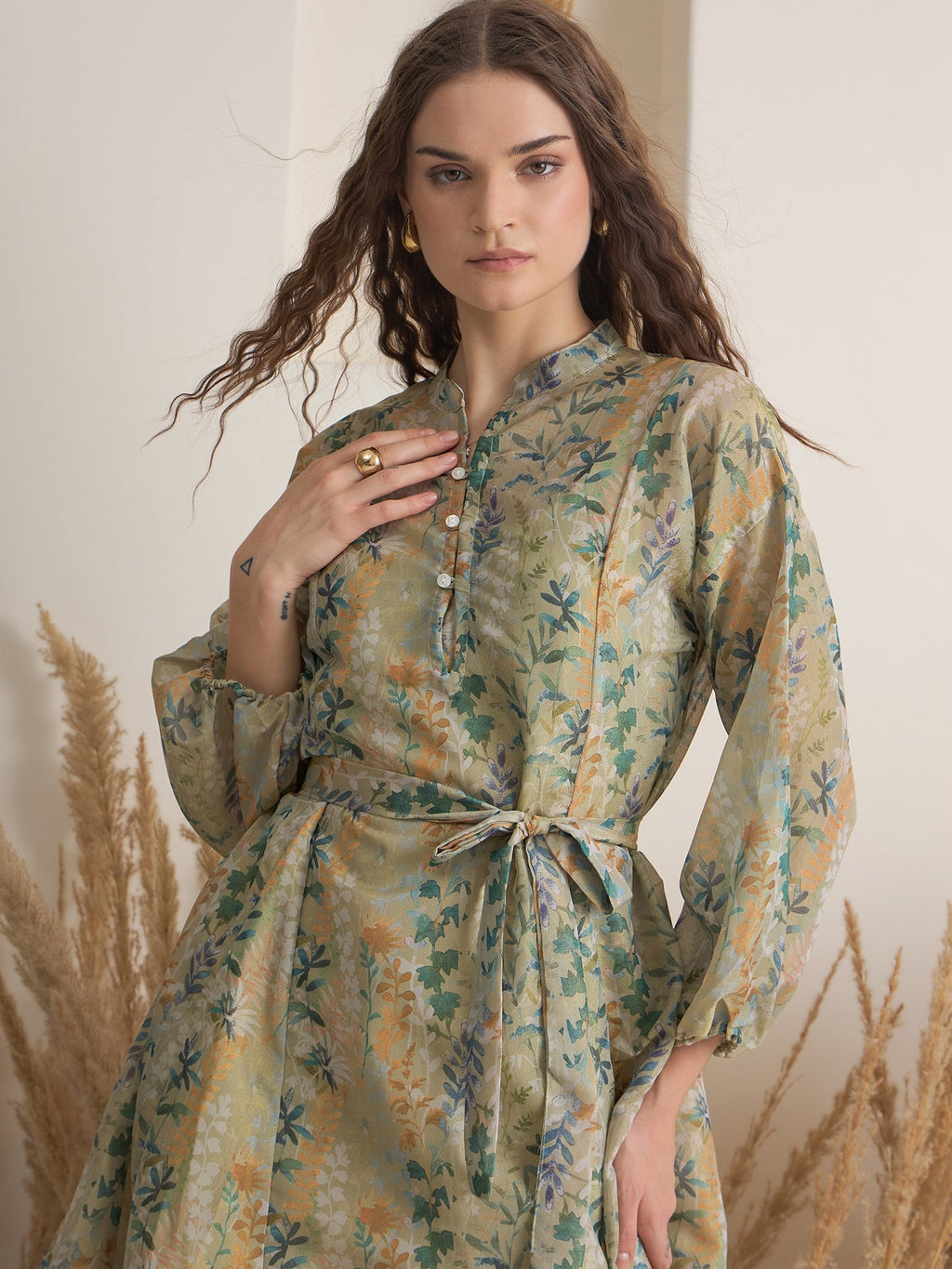 Green Floral Printed Round Neck Dress with inner - SanskrutiHomes 