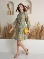 Green Floral Printed Round Neck Dress with inner - SanskrutiHomes 