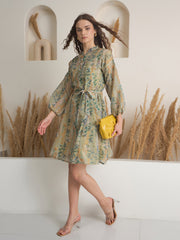 Green Floral Printed Round Neck Dress with inner - SanskrutiHomes 