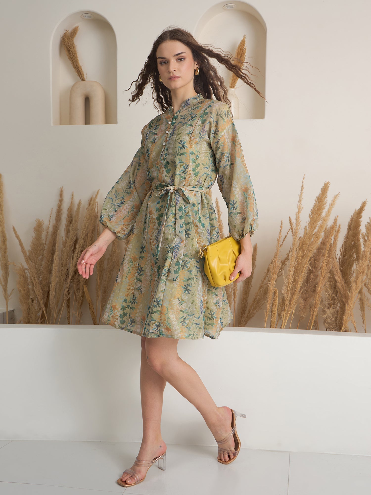 Green Floral Printed Round Neck Dress with inner - SanskrutiHomes 