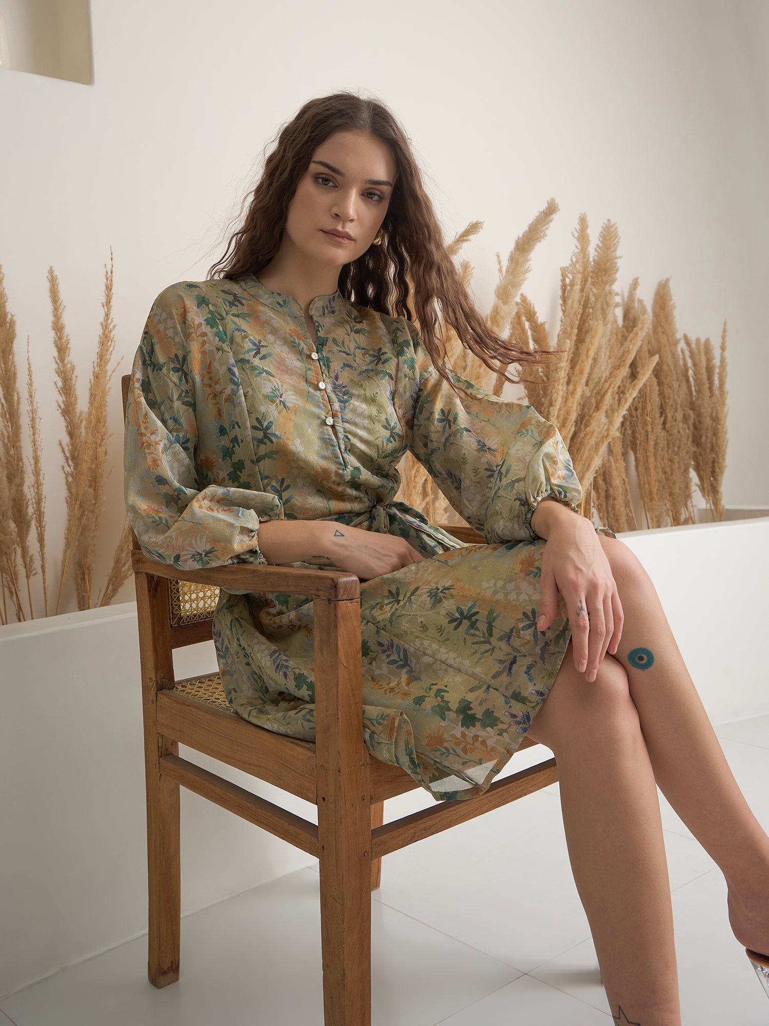 Green Floral Printed Round Neck Dress with inner - SanskrutiHomes 