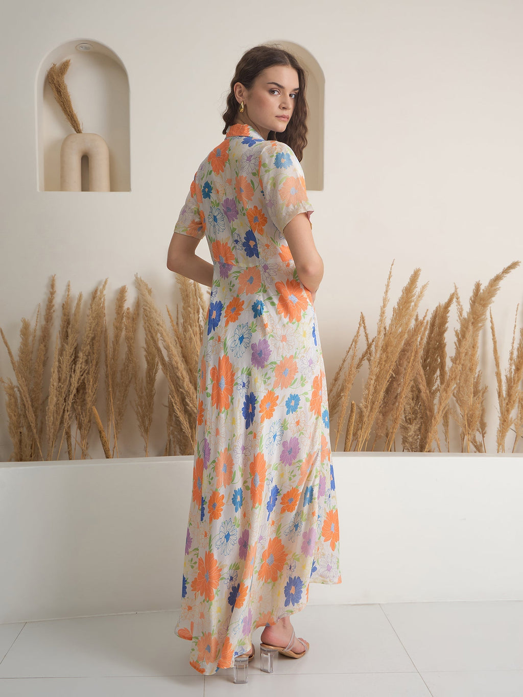 Off White Floral Printed Viscose Rayon Dress for Women - SanskrutiHomes 