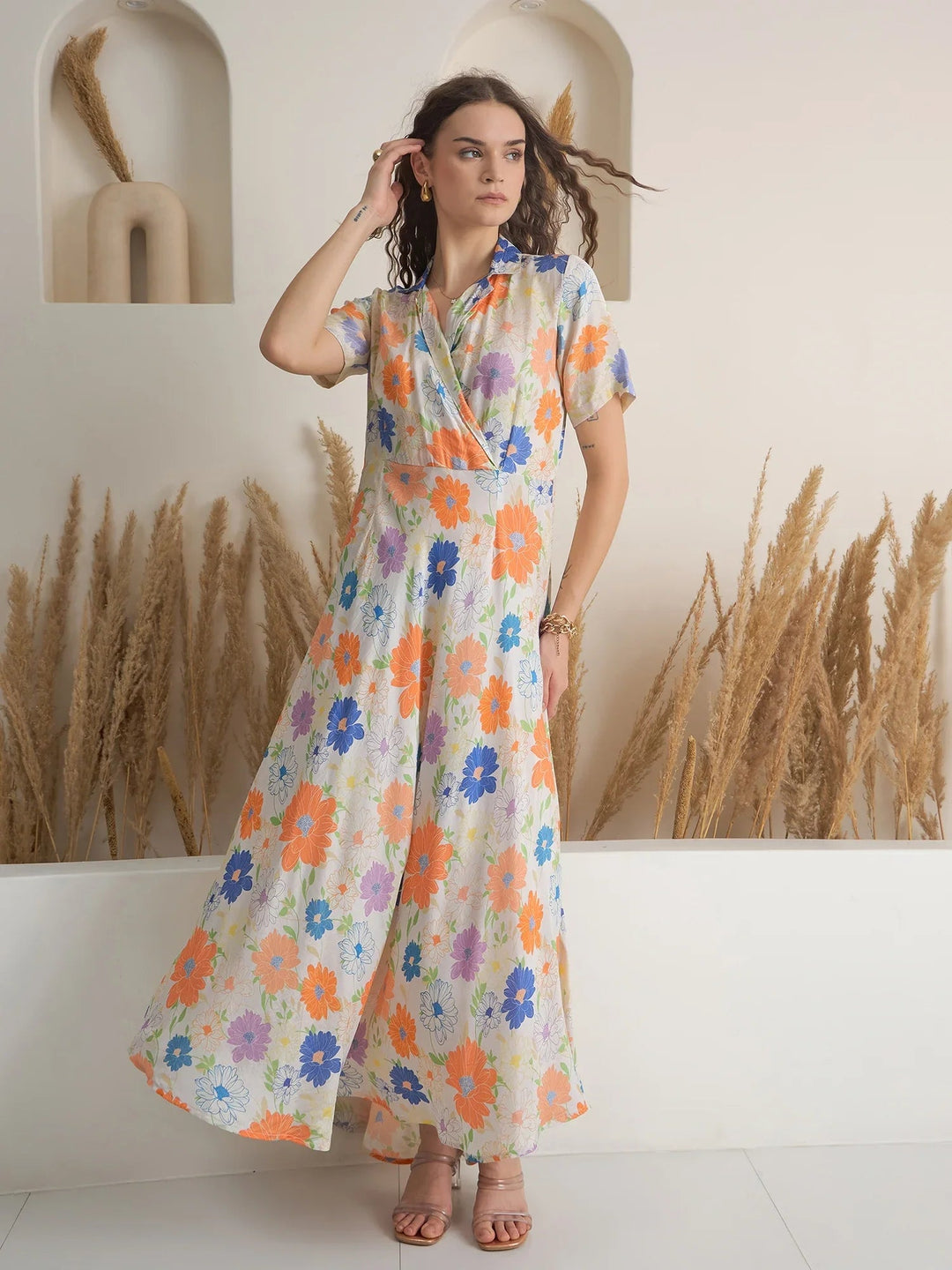 Off White Floral Printed Viscose Rayon Dress for Women - SanskrutiHomes 