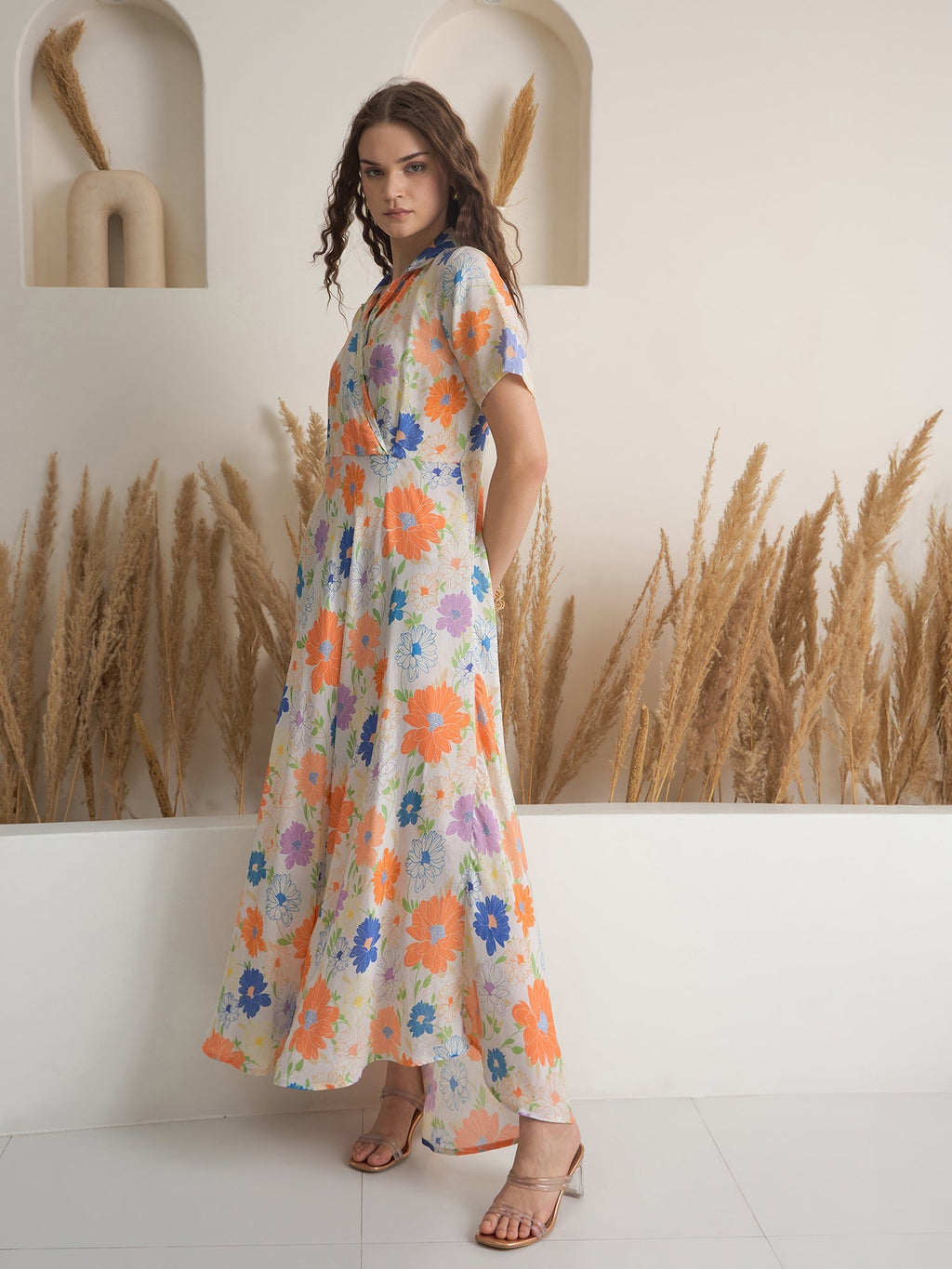 Off White Floral Printed Viscose Rayon Dress for Women - SanskrutiHomes 