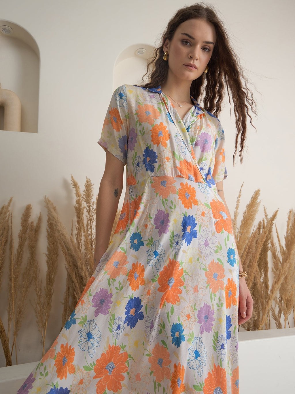 Off White Floral Printed Viscose Rayon Dress for Women - SanskrutiHomes 