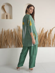 Green Floral Print V-Neck Cotton Print Co-Ords Set For Women