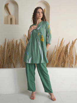 Green Floral Print V-Neck Cotton Print Co-Ords Set For Women