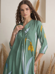 Green Floral Print V-Neck Cotton Print Co-Ords Set For Women