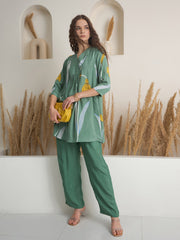 Green Floral Print V-Neck Cotton Print Co-Ords Set For Women