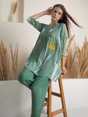Green Floral Print V-Neck Cotton Print Co-Ords Set For Women