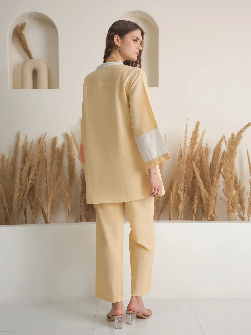 Beige V-Neck Linen Co-ords Set for Women - SanskrutiHomes 