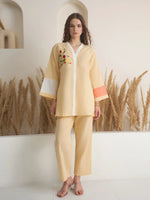 Beige V-Neck Linen Co-ords Set for Women - SanskrutiHomes 