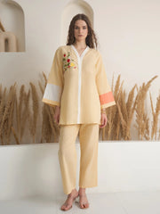 Beige V-Neck Linen Co-ords Set for Women - SanskrutiHomes 