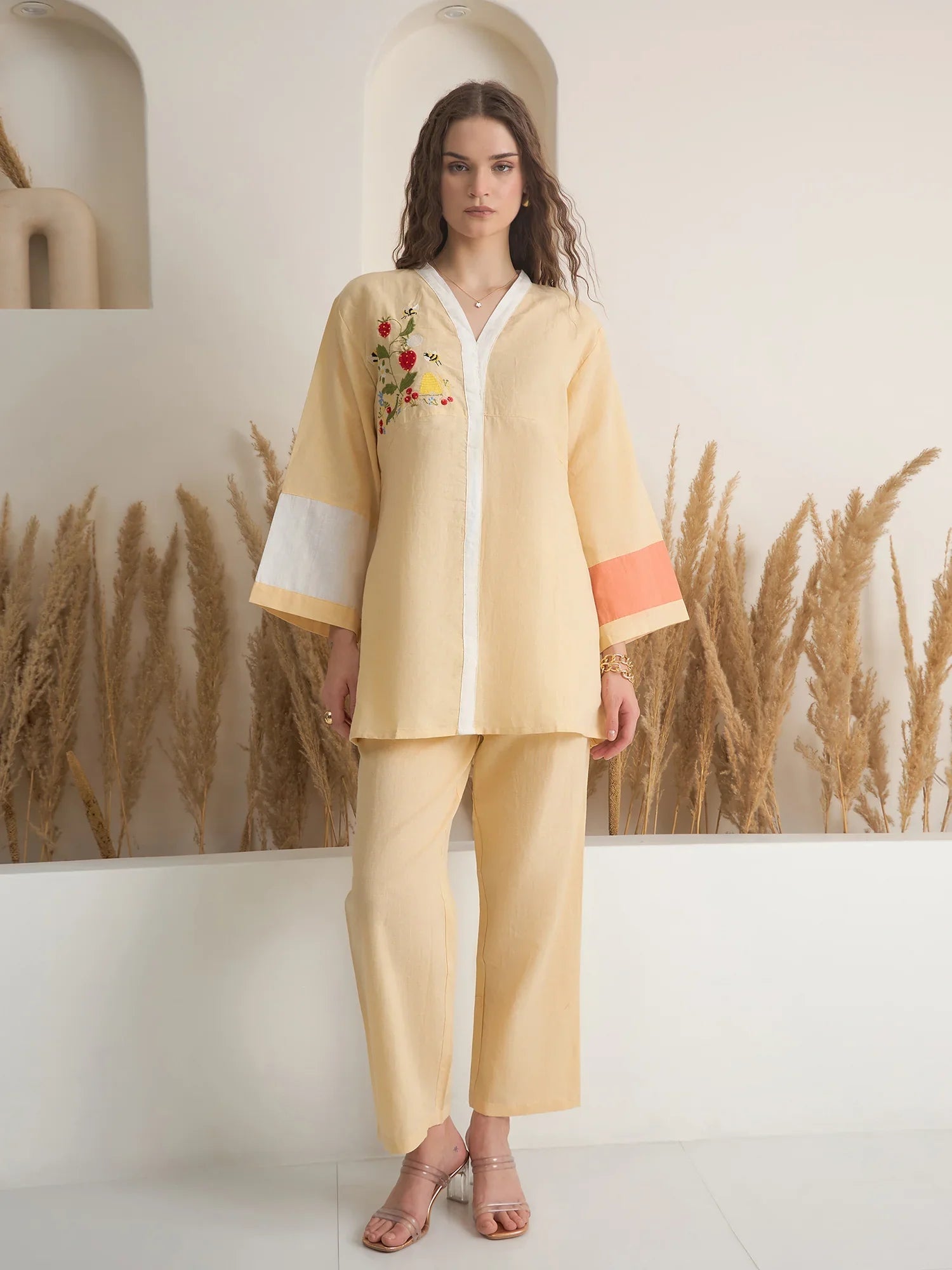 Beige V-Neck Linen Co-ords Set for Women - SanskrutiHomes 