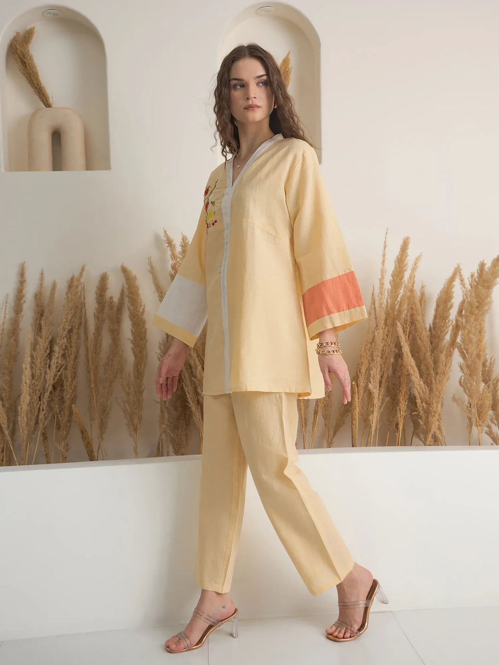 Beige V-Neck Linen Co-ords Set for Women - SanskrutiHomes 