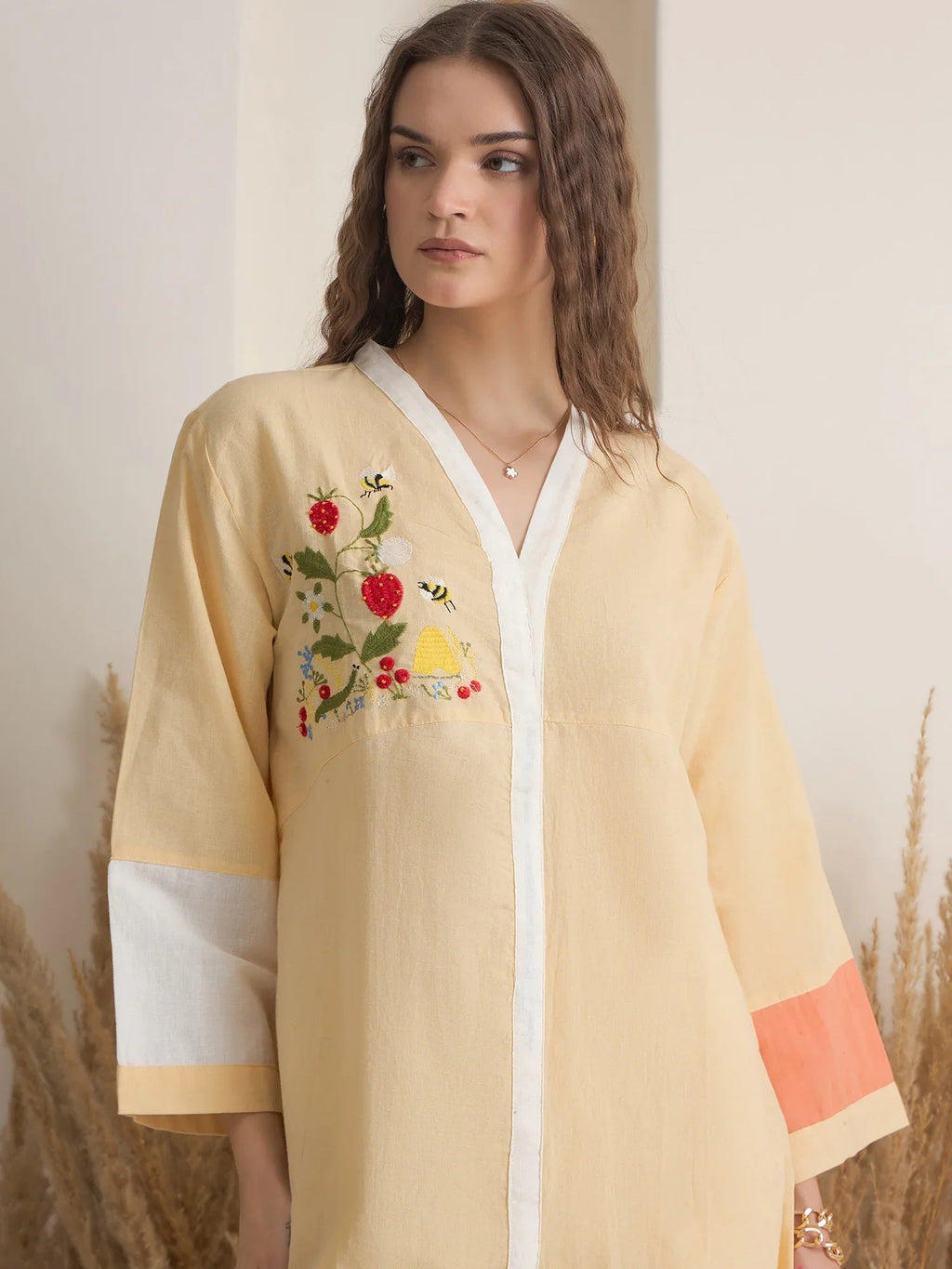 Beige V-Neck Linen Co-ords Set for Women - SanskrutiHomes 