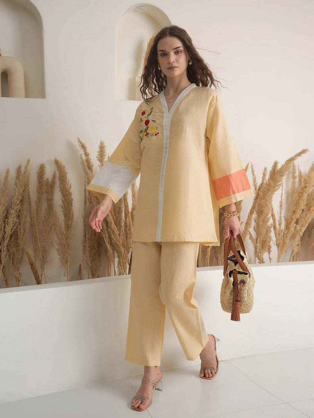 Beige V-Neck Linen Co-ords Set for Women - SanskrutiHomes 