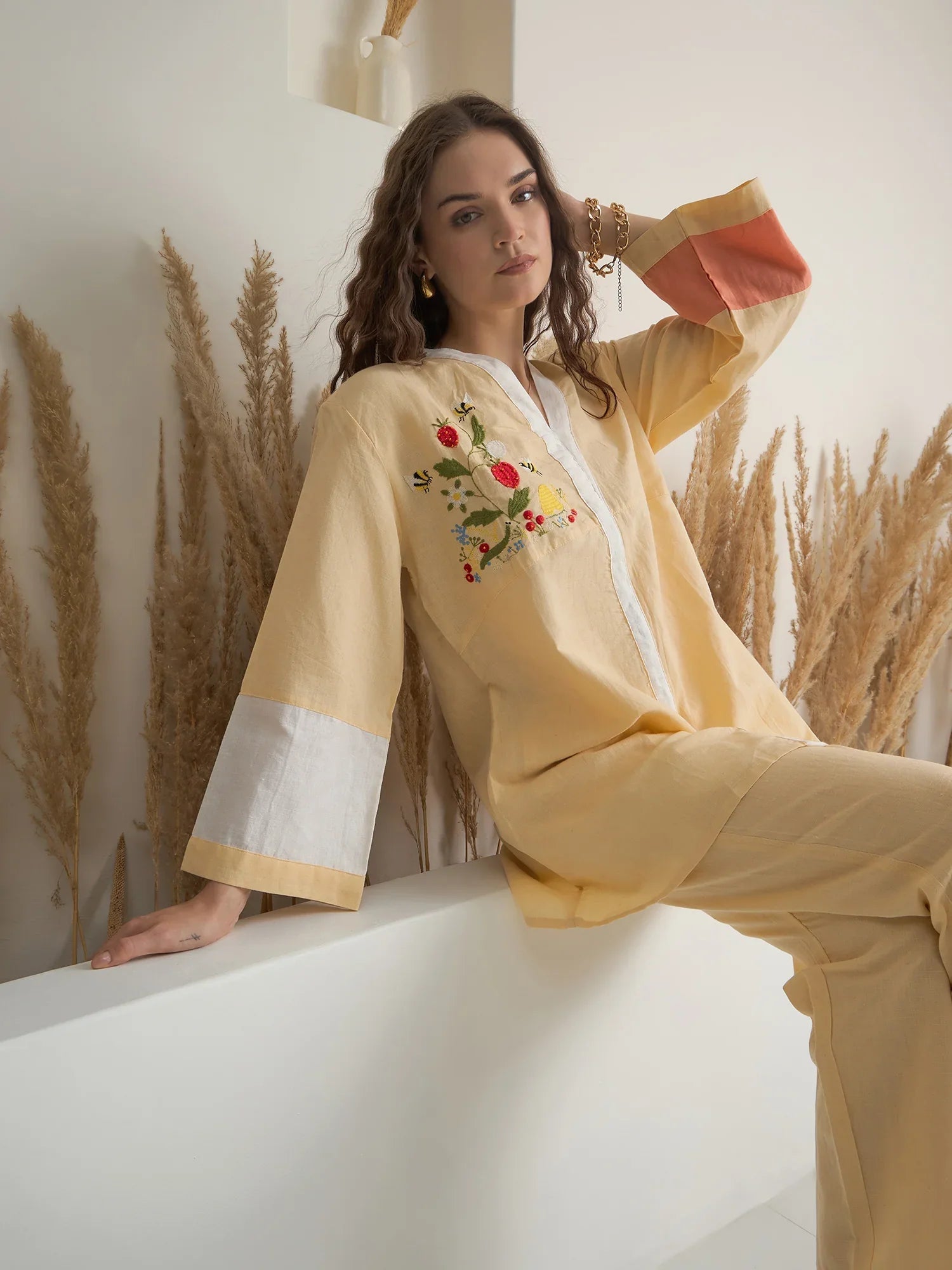 Beige V-Neck Linen Co-ords Set for Women - SanskrutiHomes 