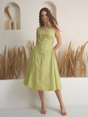 Green Color Cotton A-Line Solid Dress for Women - SanskrutiHomes 
