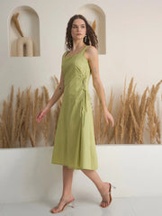 Green Color Cotton A-Line Solid Dress for Women - SanskrutiHomes 
