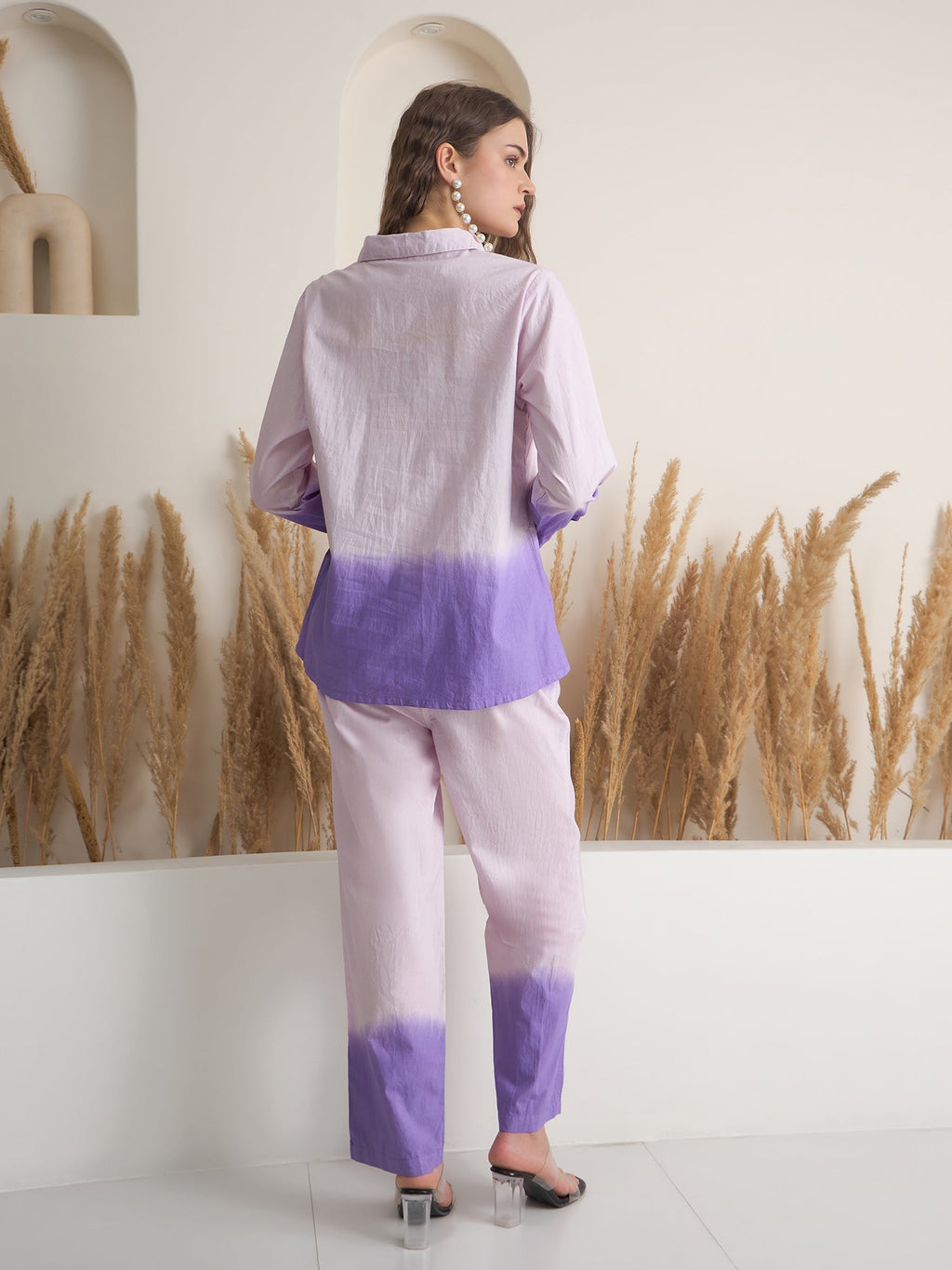 Purple Color Shirt Collar Pure Cotton Dyed Co-ords Set for Women - SanskrutiHomes 