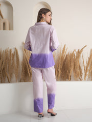 Purple Color Shirt Collar Pure Cotton Dyed Co-ords Set for Women - SanskrutiHomes 