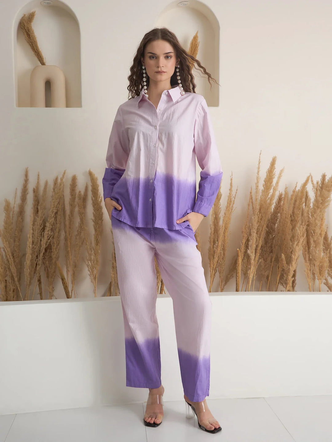 Purple Color Shirt Collar Pure Cotton Dyed Co-ords Set for Women - SanskrutiHomes 