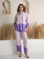 Purple Color Shirt Collar Pure Cotton Dyed Co-ords Set for Women - SanskrutiHomes 